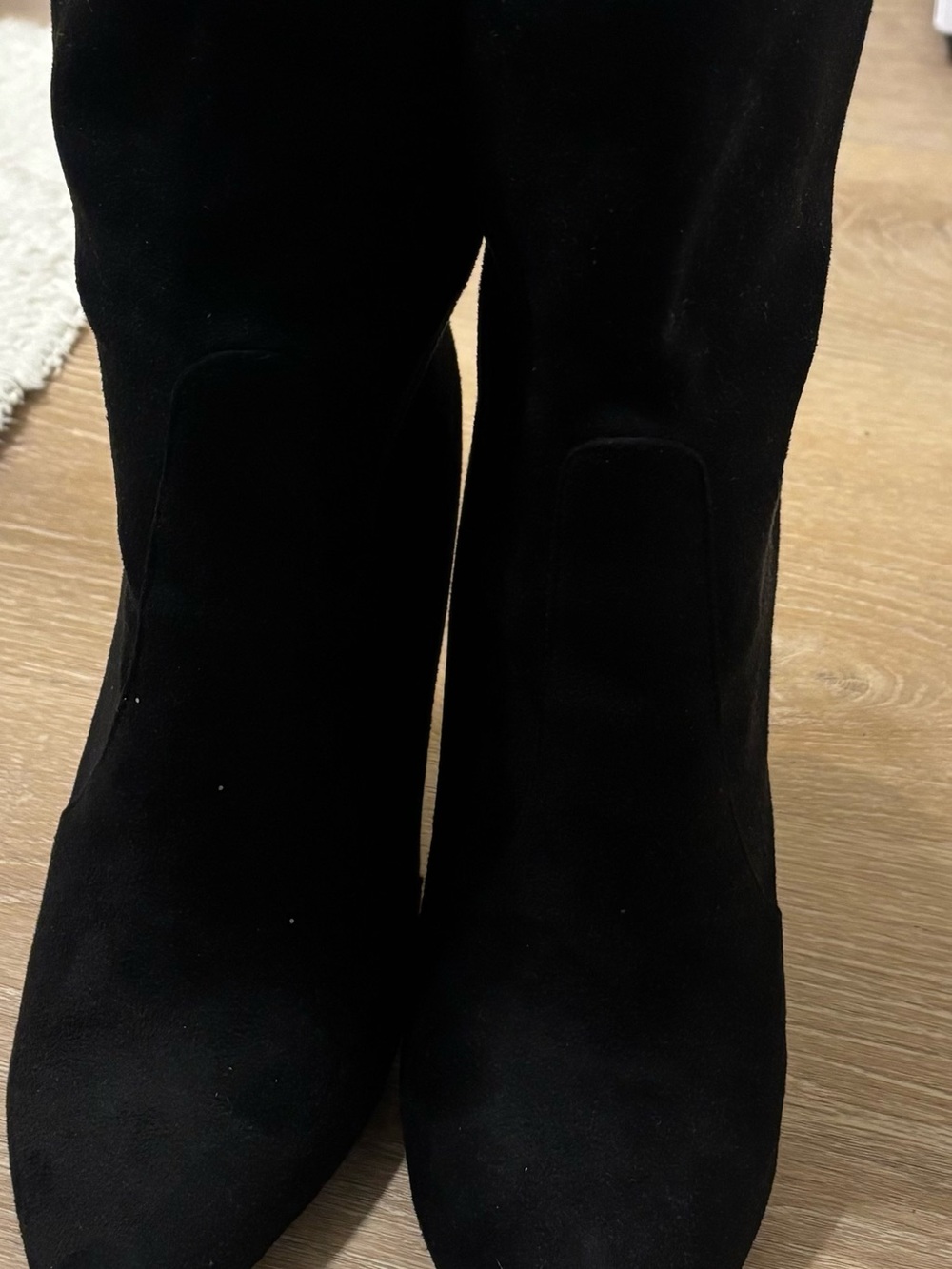 AKIRA Black Suede Pointed Ankle Heeled Boots